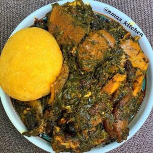 UYO - Plate of Garri & Afang Soup With Meat Of Choice With Delivery 1000Naira