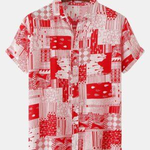 Men's Modern Afro-Urban Floral Casual Short Sleeve Beach Shirt Red.